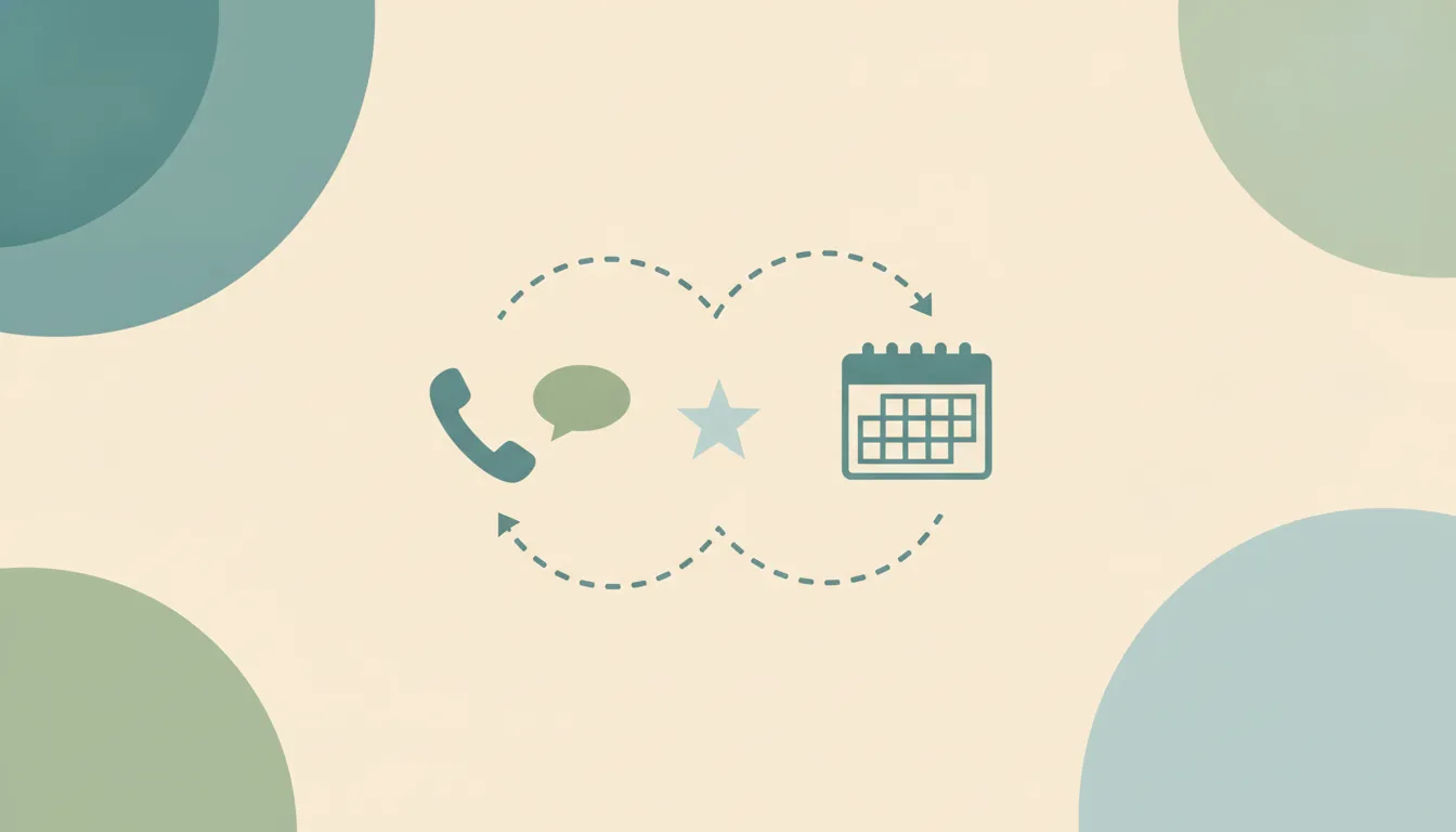 A phone handset and a chat bubble beside a simple star shape, linked by dotted lines to a calendar grid over soft layered circles