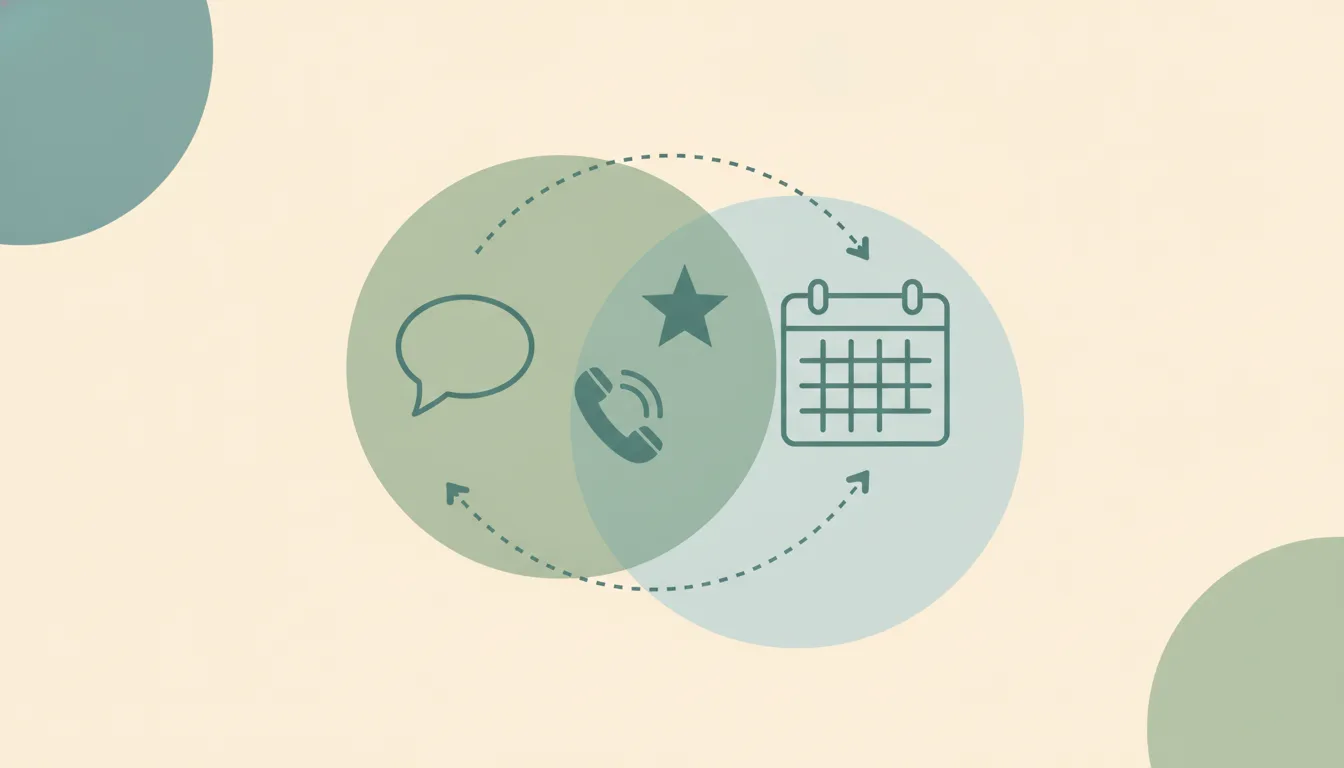 A chat bubble and a ringing phone handset beside a simple star shape, linked by dotted lines to a calendar grid over soft layered circles