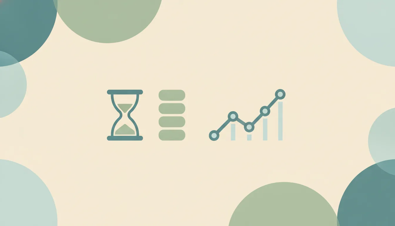 Abstract illustration of an hourglass beside a stack of task bars and a rising line chart, representing procrastination statistics
