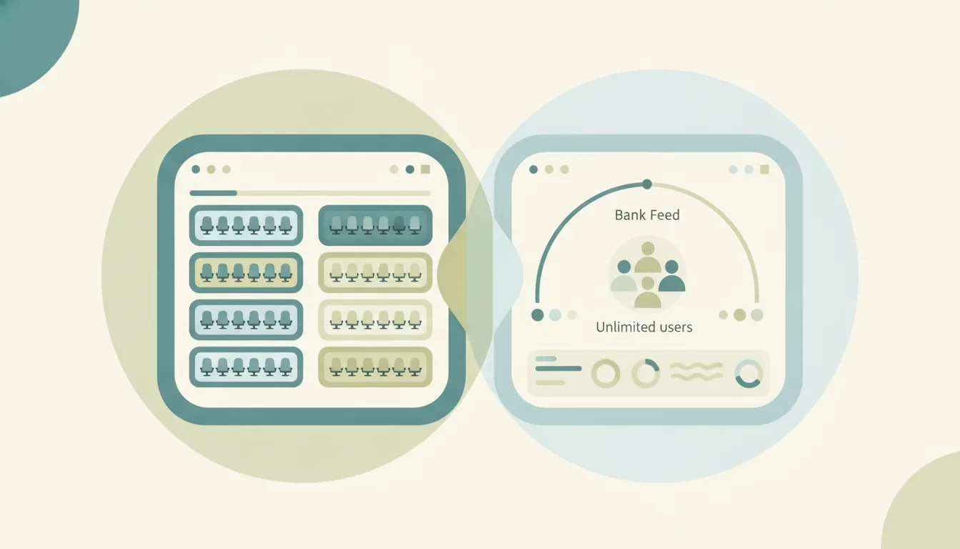 A QuickBooks-style accounting dashboard and a Xero-style reconciliation panel side by side, representing a comparison between the two tools