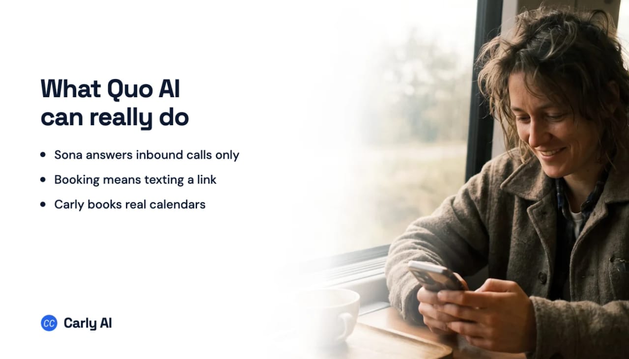 A smiling woman texting on her phone by a train window, next to the headline What Quo AI can really do