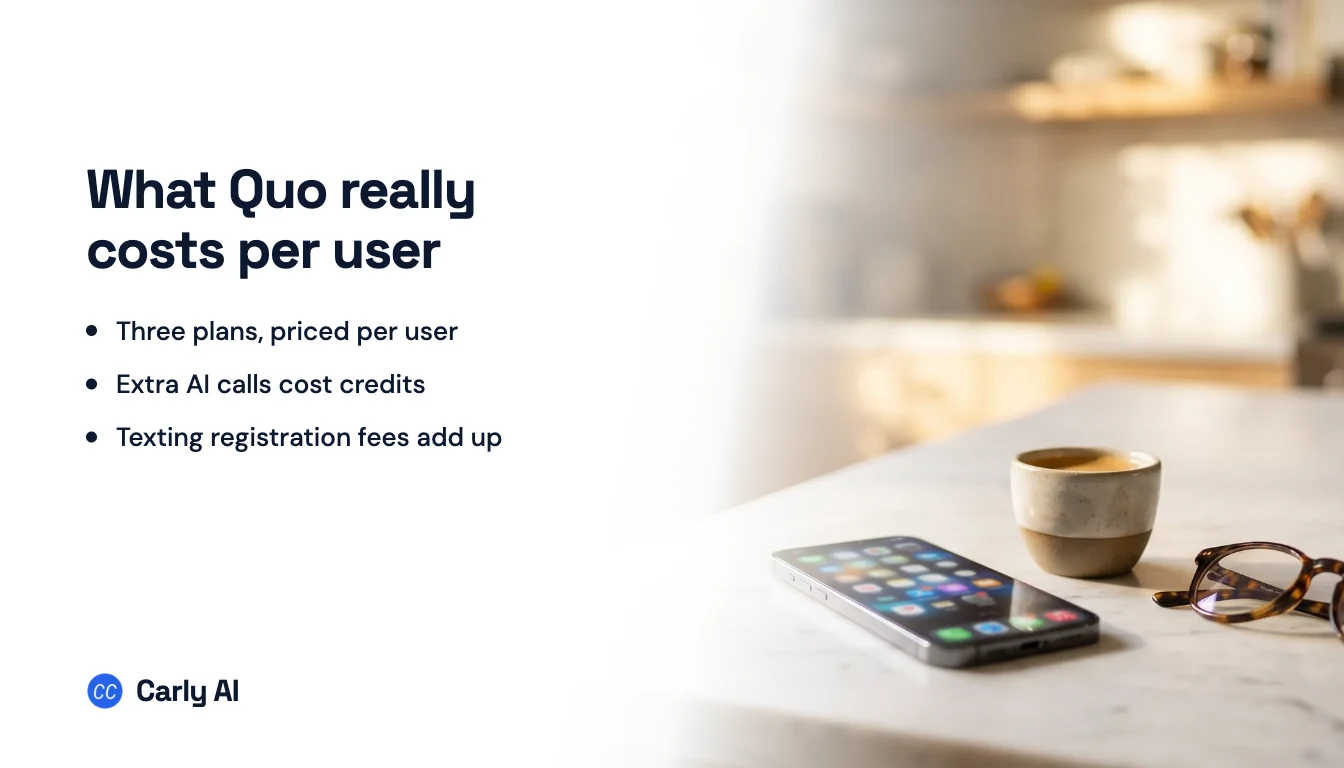 A phone and a coffee cup on a marble counter, beside the headline What Quo really costs per user