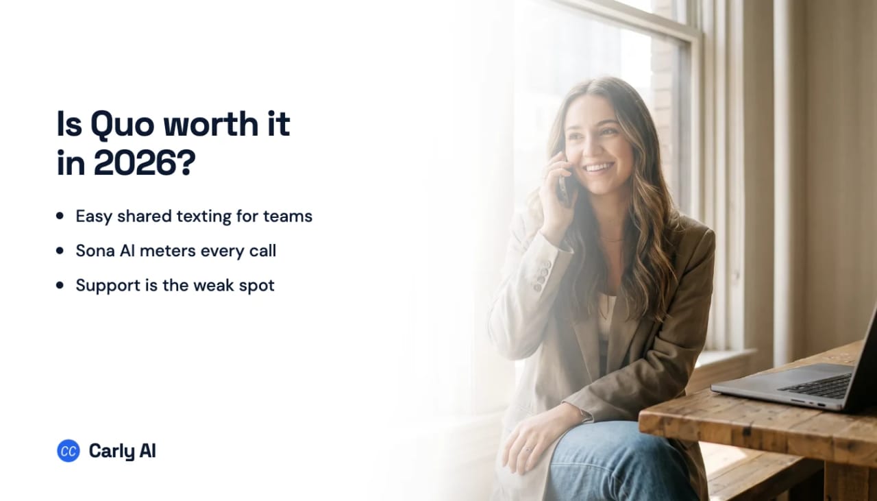 A woman smiling on a phone call by a sunlit window, beside the question Is Quo worth it in 2026