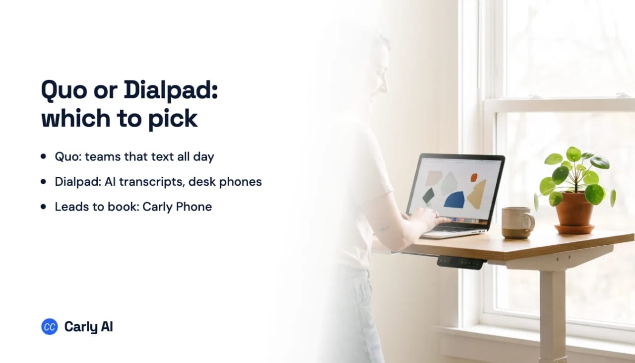 A woman working at a standing desk by a sunny window, next to the headline Quo or Dialpad: which to pick