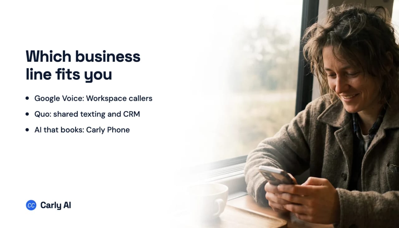 A commuter checking a phone on a train, beside the headline Which business line fits you, comparing Quo and Google Voice