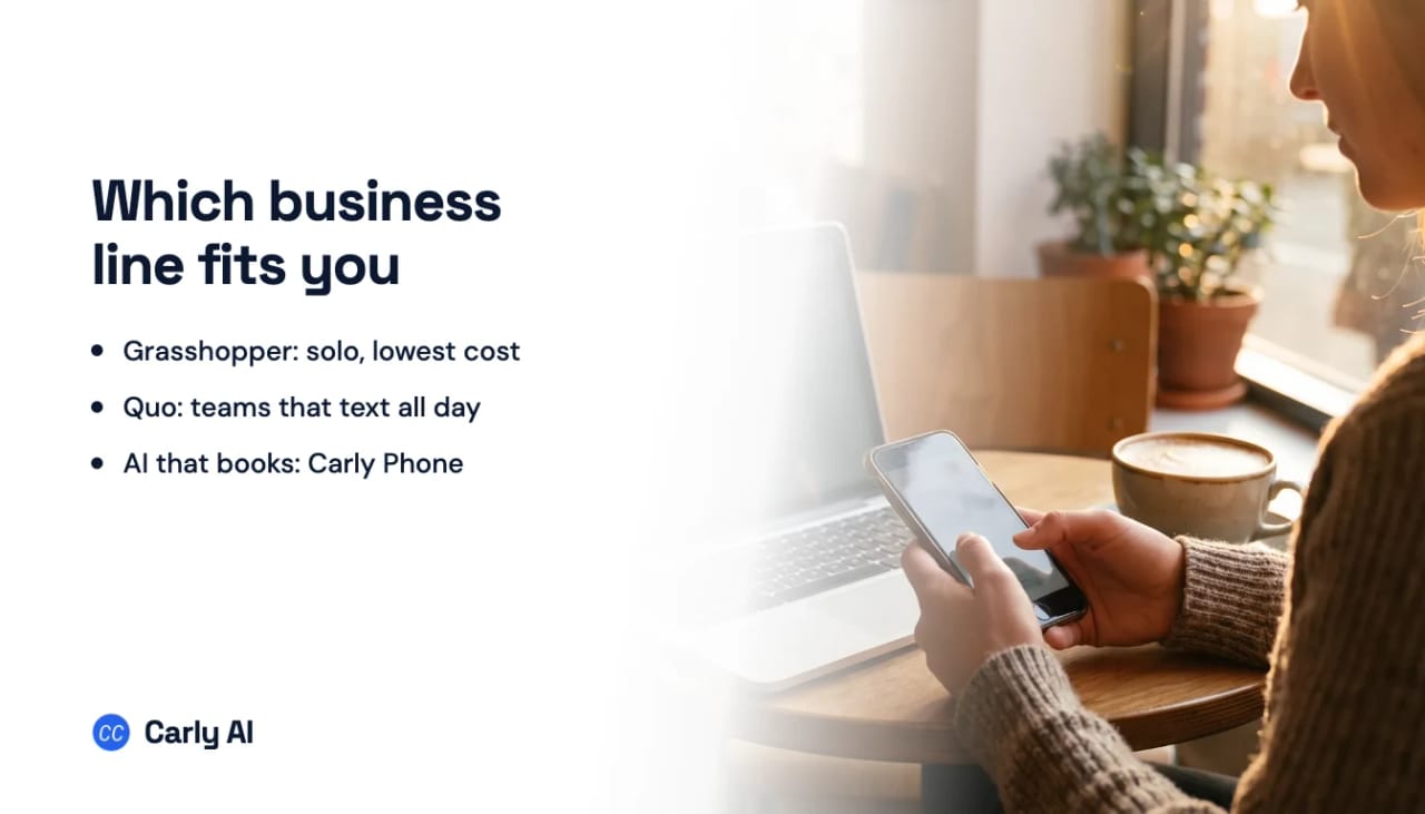 A laptop and phone on a cafe table, beside the headline Which business line fits you, comparing Quo and Grasshopper