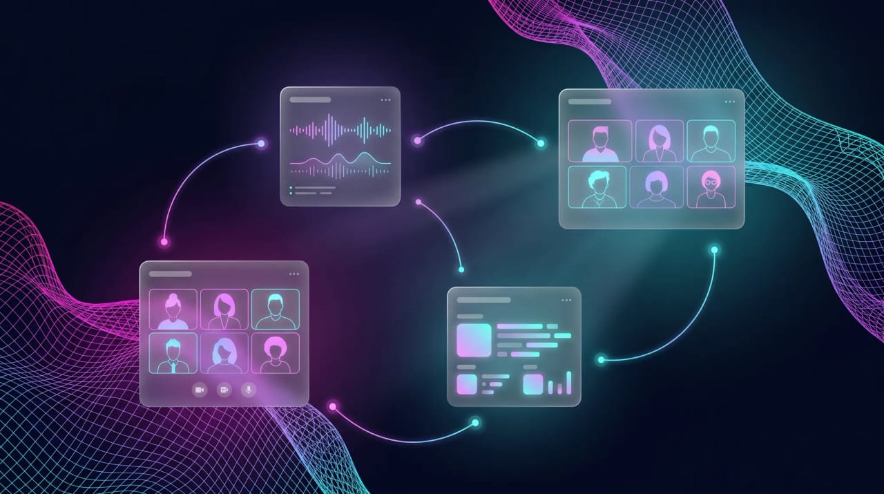 Grid of meeting analytics and transcription app icons positioned around a video call window representing Read.ai alternatives