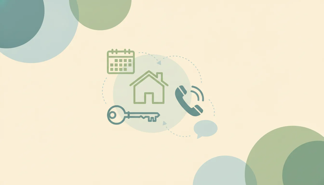 A simple house outline beside a ringing phone handset, linked by dotted lines to a calendar grid and a chat bubble over soft layered circles
