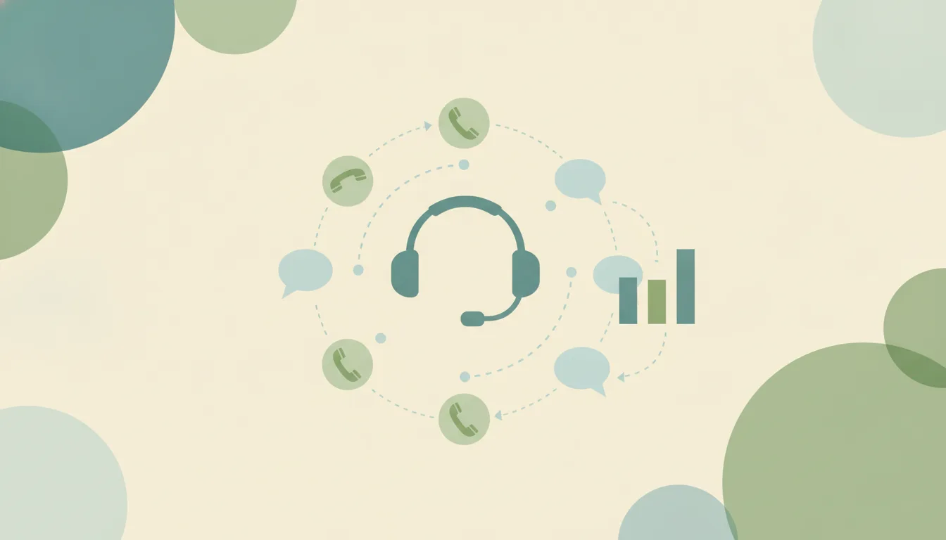 A headset at the center of a ring of phone handsets linked by dotted lines to chat bubbles and a simple bar chart over soft layered circles