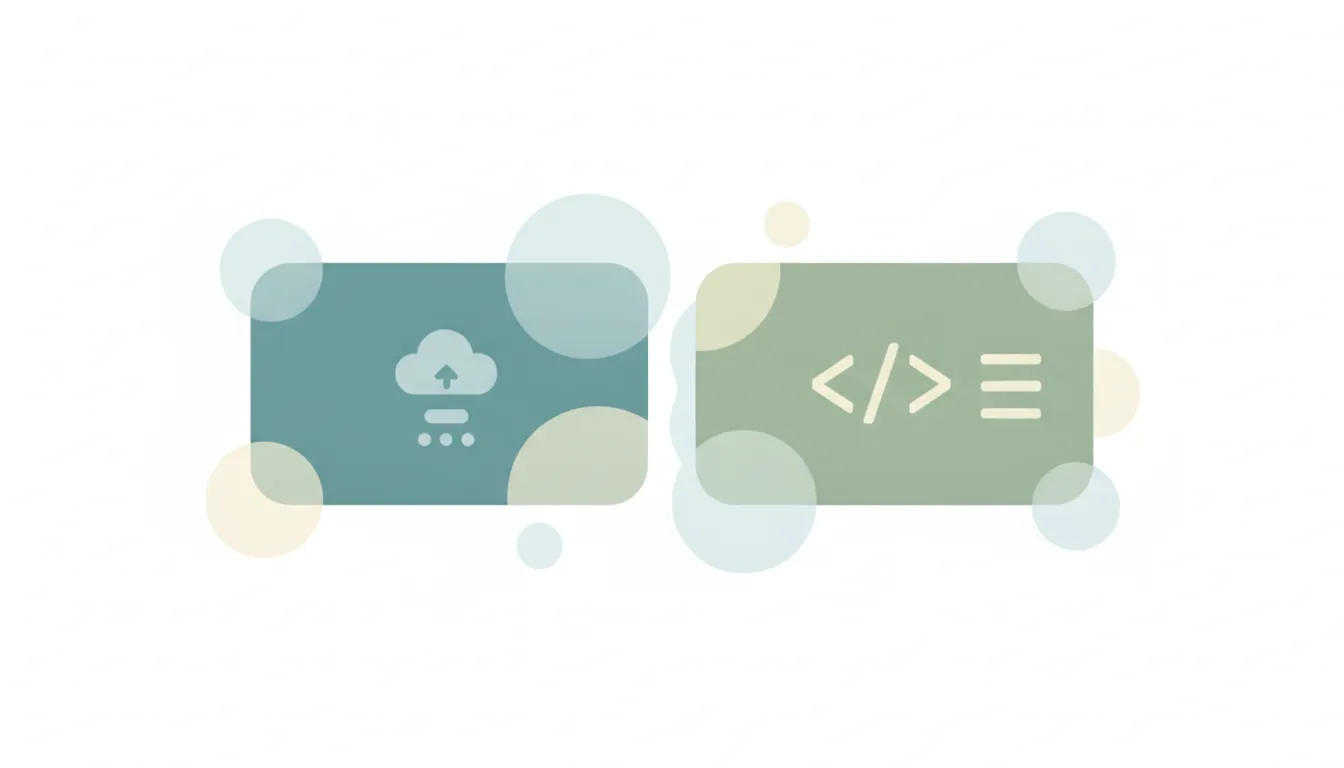A cloud app-platform card facing a code-editor card, illustrating app platform versus code editor