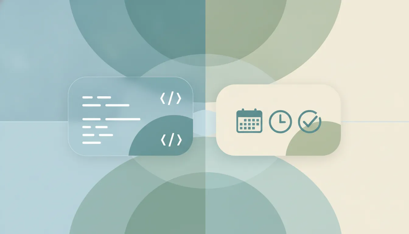 A glass-box code card facing a finished app card, illustrating two AI app builders compared