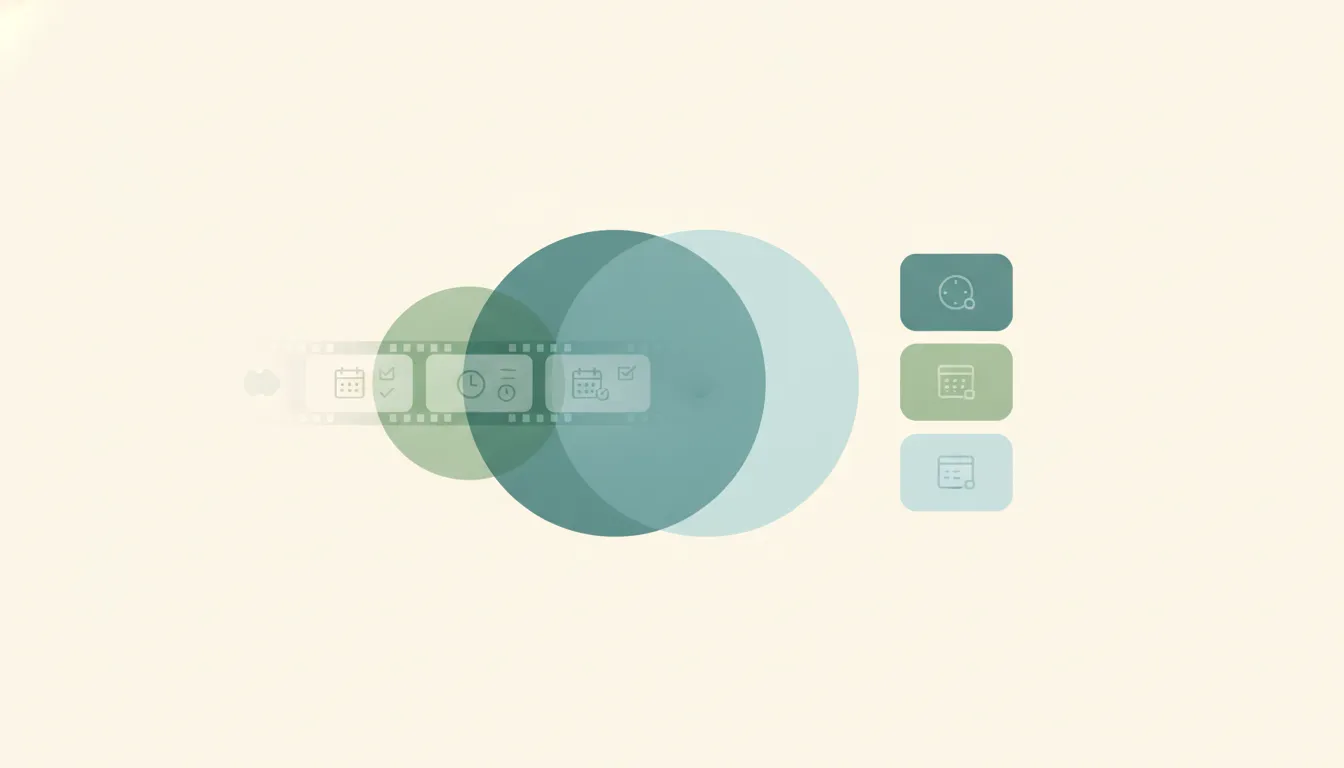 Illustration of a rewinding timeline of screen thumbnails dissolving, with alternative screen-memory app icons arranged alongside