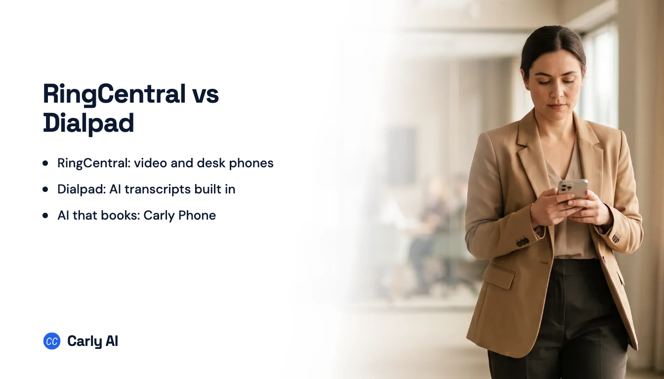 A person walking through an office on a phone call, beside the headline RingCentral vs Dialpad