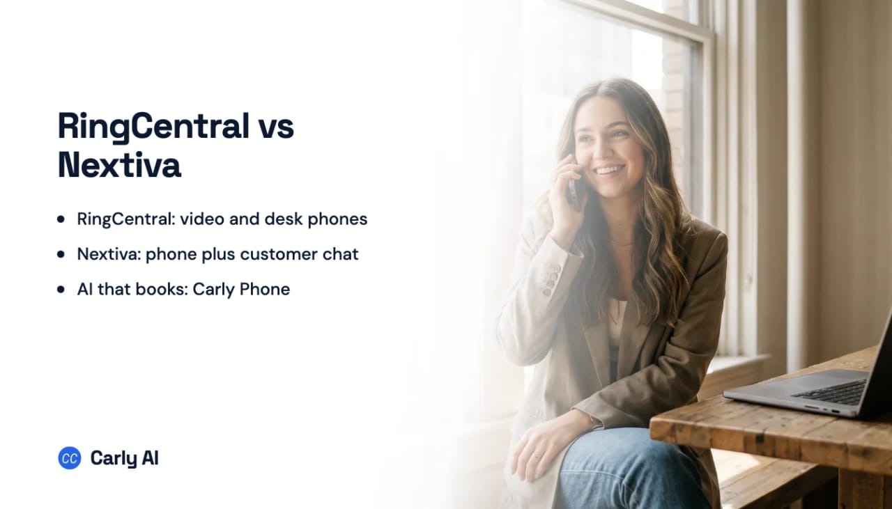 A woman on a phone call by a sunlit window, beside the headline RingCentral vs Nextiva