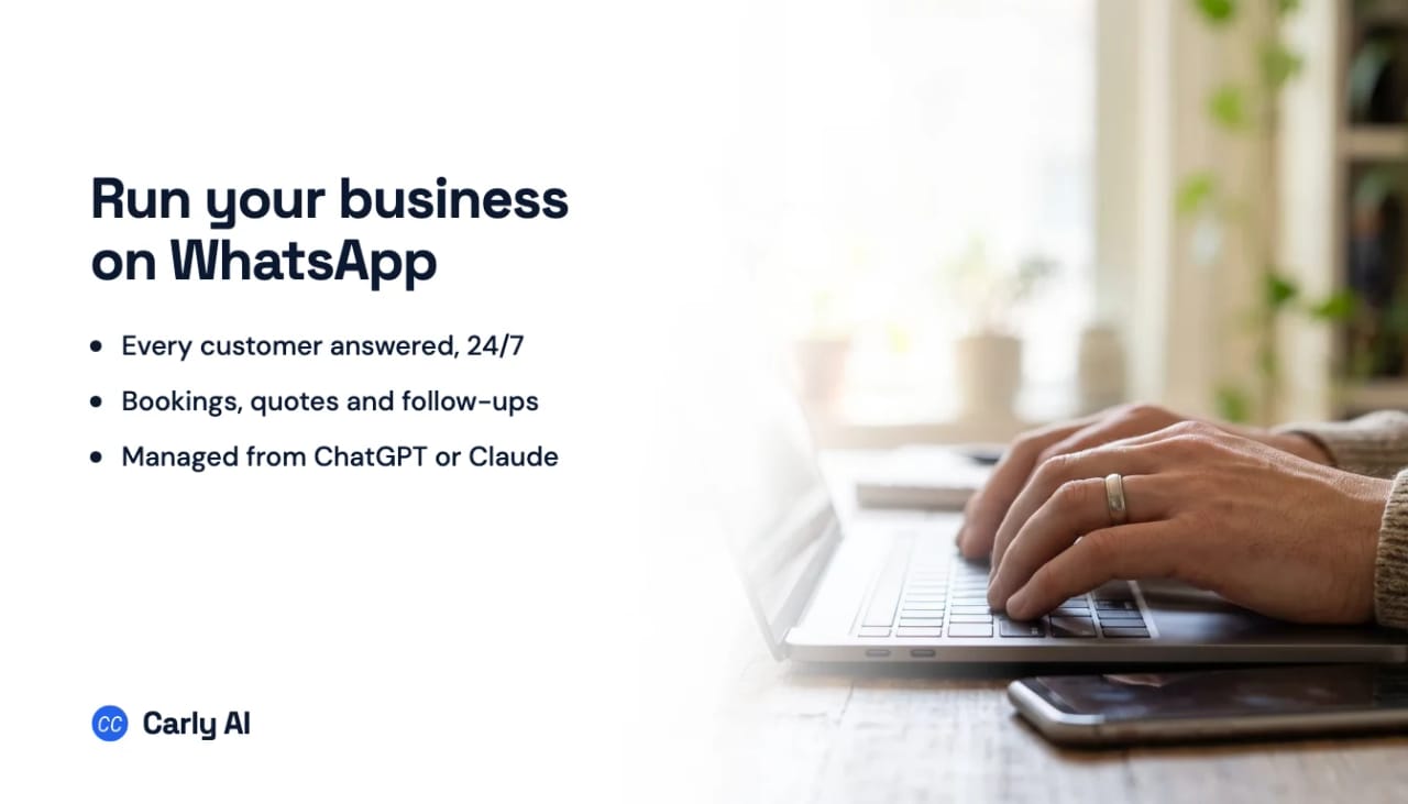 Hands typing on a laptop with a phone on the desk beside it, beside the headline run your business on WhatsApp