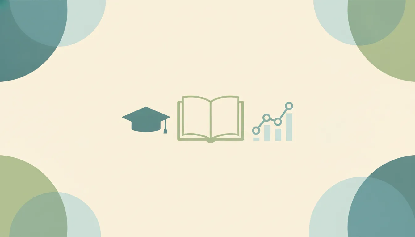 Abstract graduation cap and open playbook shapes beside a rising line chart and layered circles, representing sales enablement and coaching statistics
