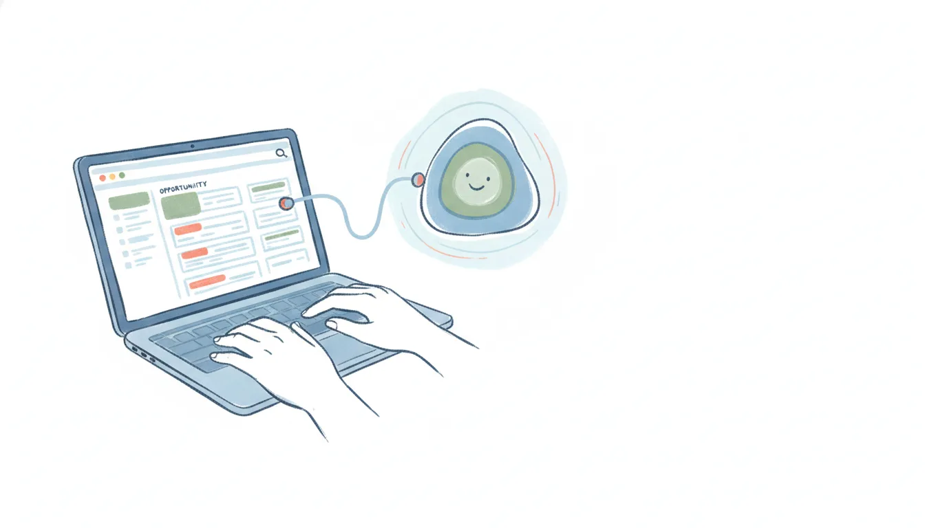A laptop showing Salesforce CRM record cards, linked by a connector to a friendly AI assistant