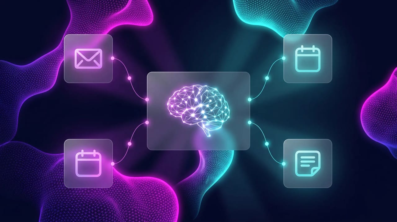 Grid of AI assistant app icons arranged around a calm focused workspace representing Saner.ai alternatives