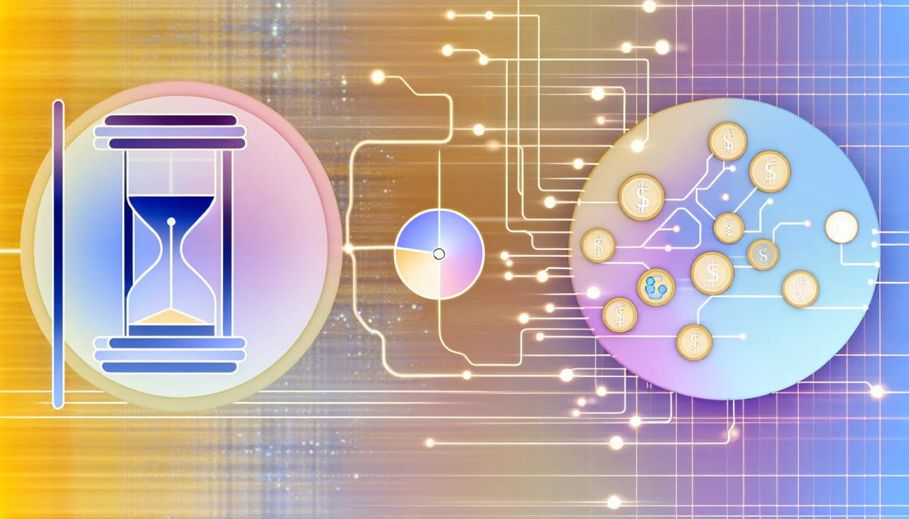 Busy professional at a laptop with clock, dollar sign, and AI assistant icons illustrating time-saving income strategies