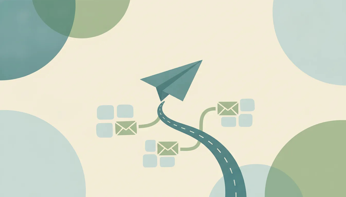 Abstract flat illustration of an envelope stepping off a cracked tile onto a row of eight differently shaped tiles