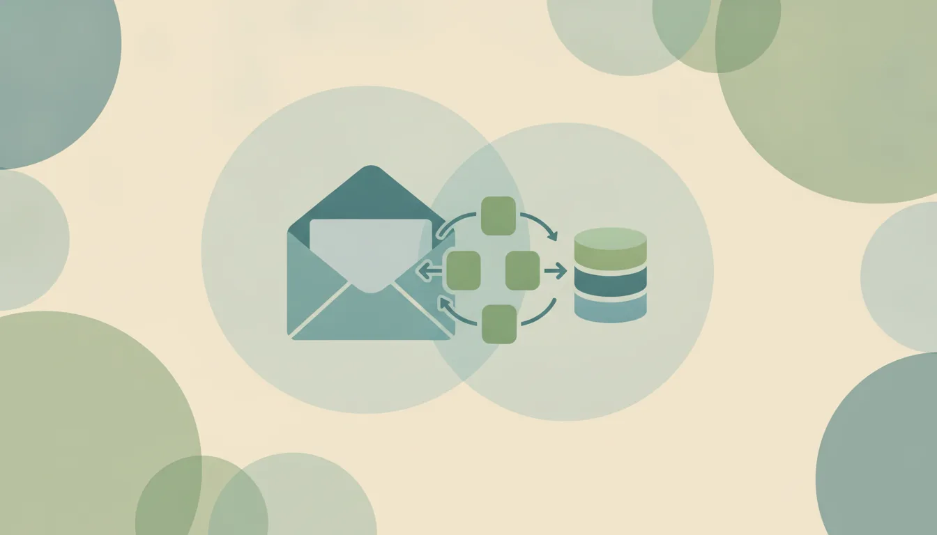 An open envelope feeding a loop of rounded blocks that flow into a database stack, over soft layered circles