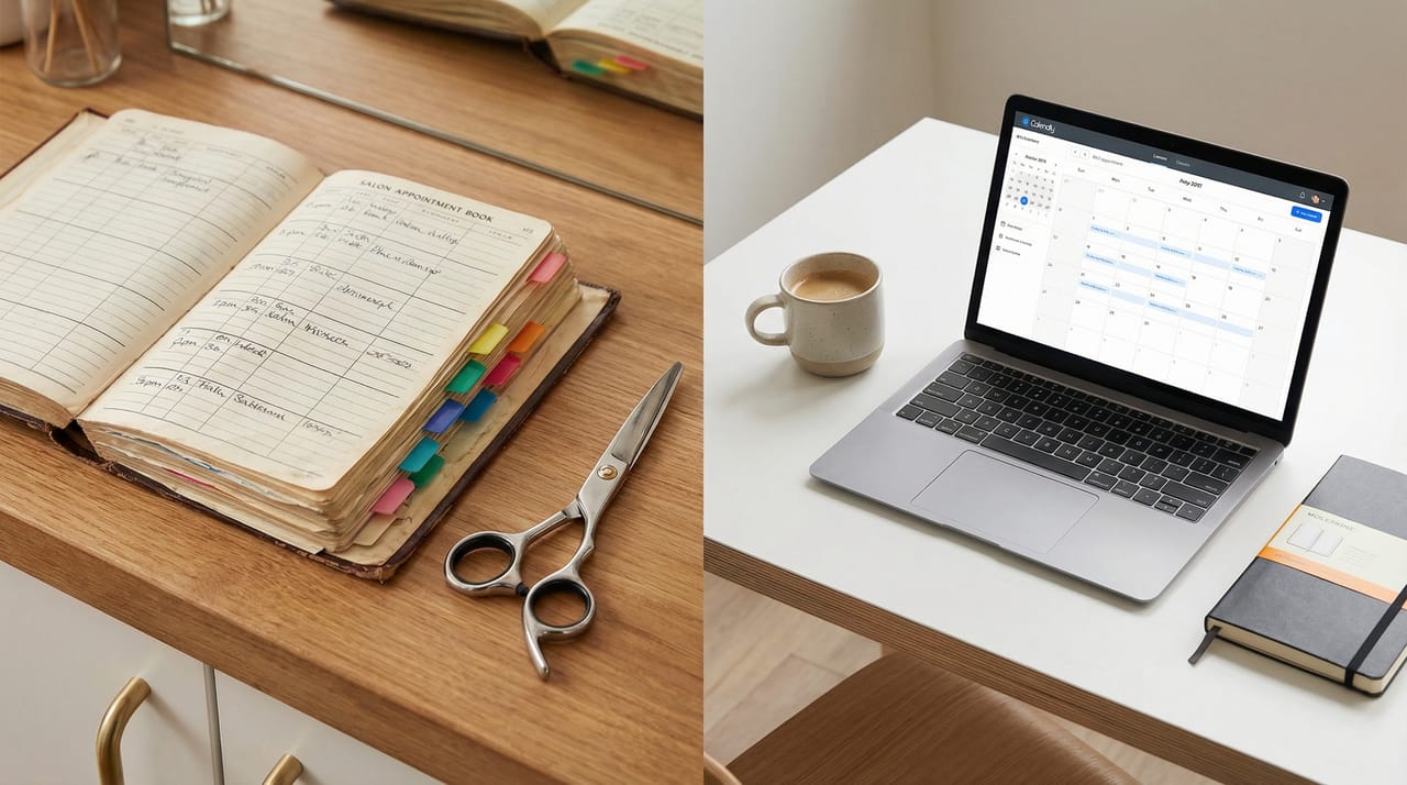 Split-screen comparison showing Setmore and Calendly booking interfaces side by side with a versus badge between them