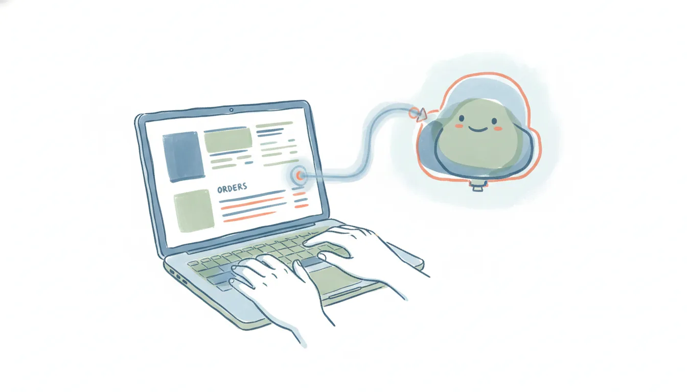 A laptop showing a Shopify store's product and order cards, linked by a connector to a friendly AI assistant