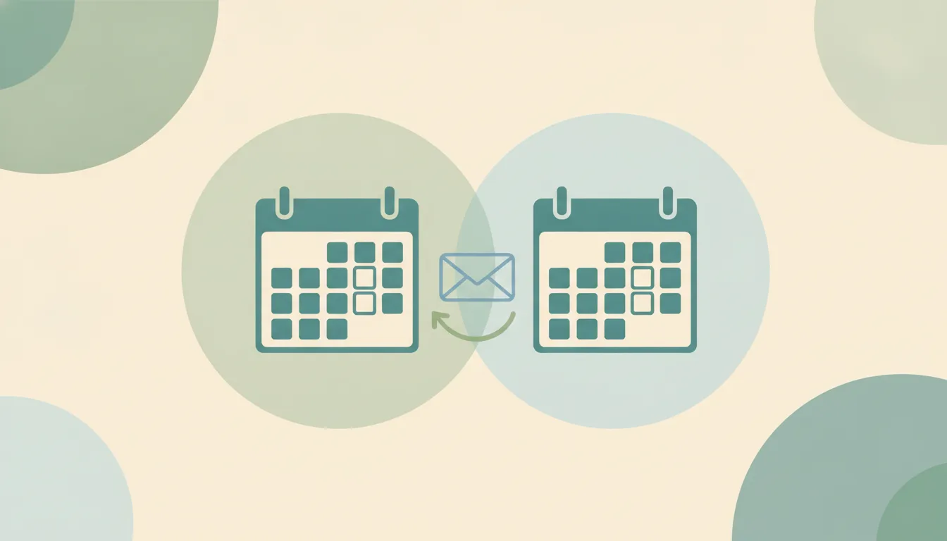 Two calendar grids facing each other, each with one highlighted slot, with an envelope and a curved arrow between them