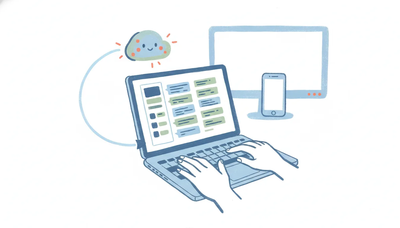 A laptop showing Slack channels and messages, linked by a connector to a friendly AI assistant