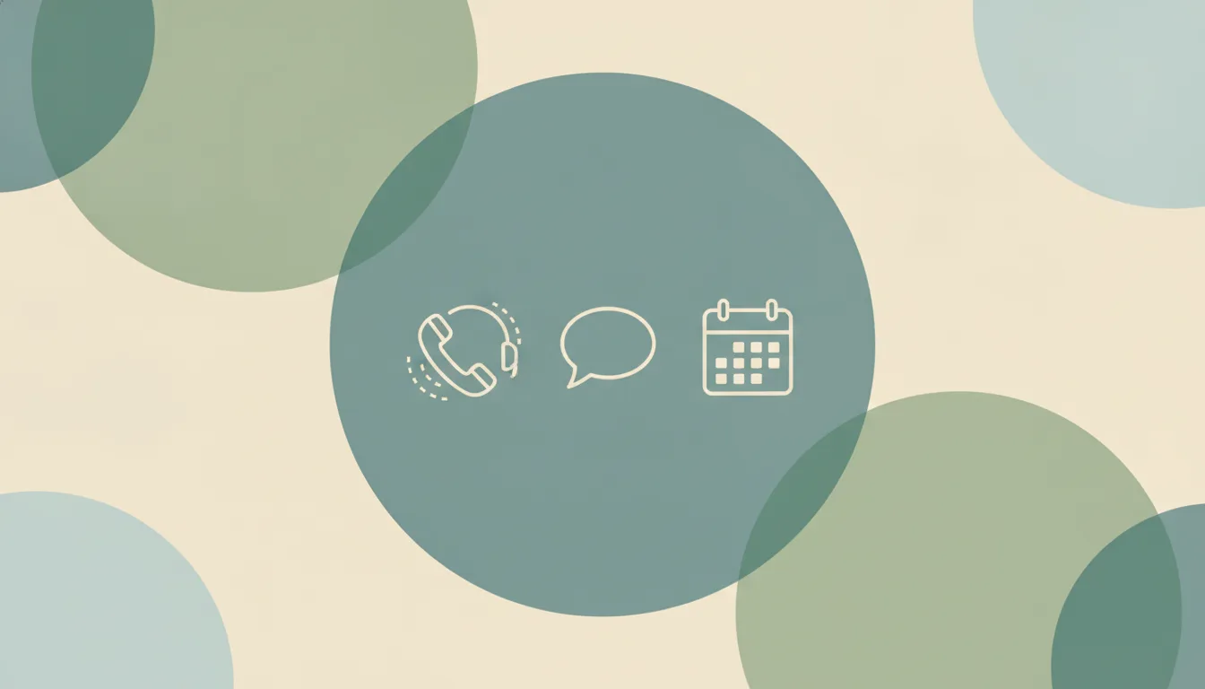 A phone handset with dotted lines branching to a headset, a chat bubble and a calendar over soft overlapping circles