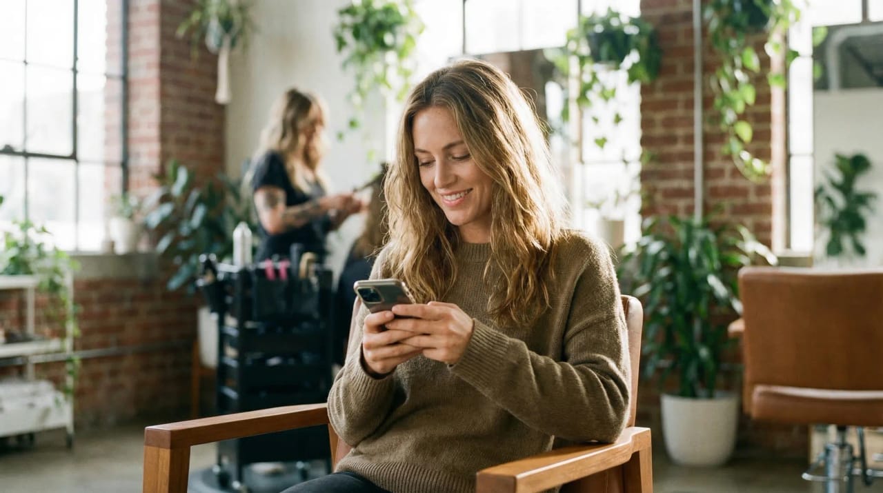 Smartphone showing a text message conversation booking an appointment alongside a confirmed calendar event