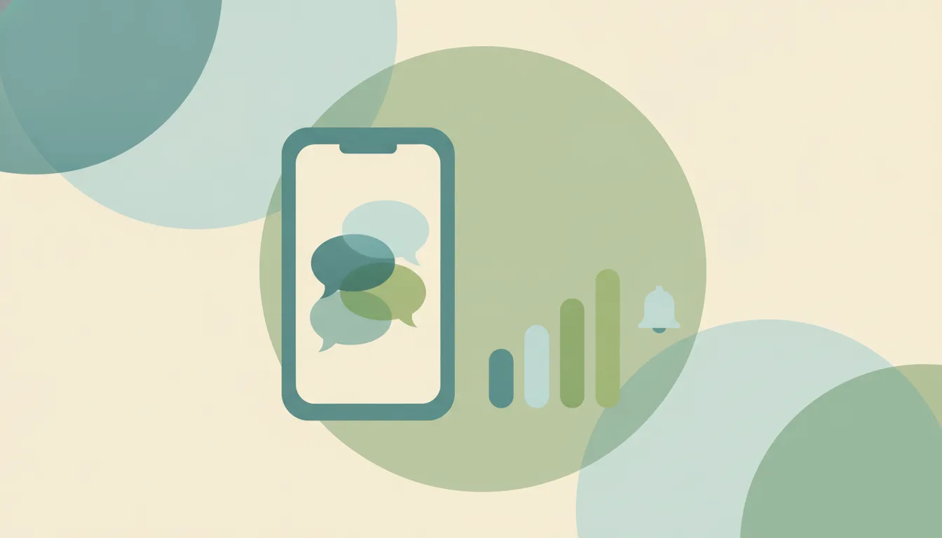 Abstract chart of text message bubbles rising from a phone beside percentage bars, representing SMS marketing statistics