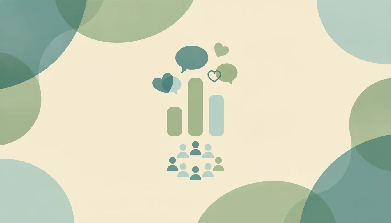 Abstract illustration of stacked social platform feeds beside a clock and a falling engagement curve, representing social media usage statistics