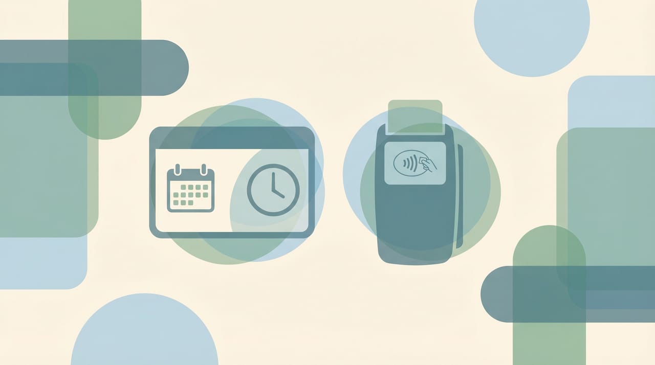 Grid of service business booking app icons around a calendar with appointment slots for Square Appointments alternatives