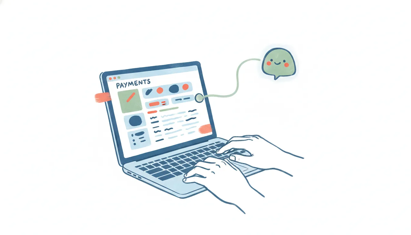 A laptop showing Square payment, order, and customer screens, linked by a connector to a friendly AI assistant