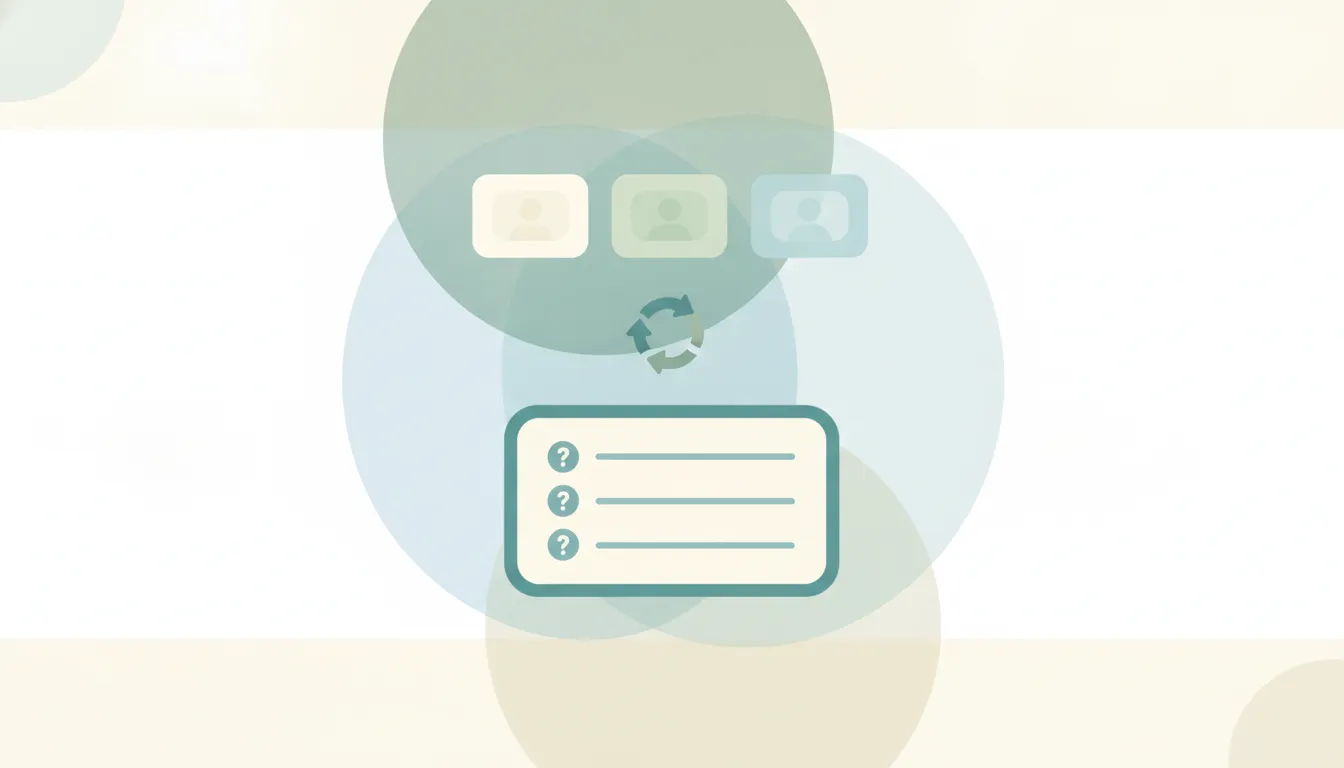 Three small status cards in a row above a daily-loop arrow and a three-question list card, illustrating a short daily team stand-up