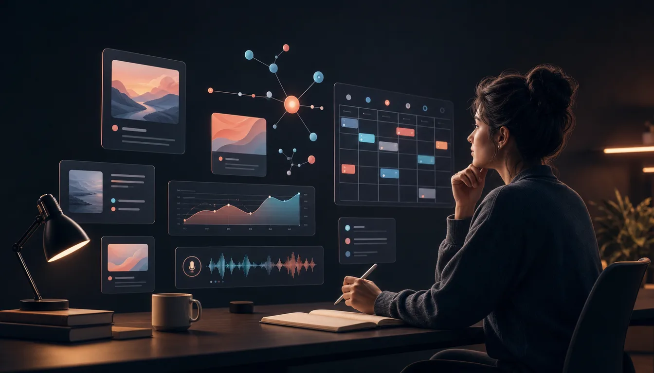 A creator reviewing an AI content coach beside social posts, analytics, a content calendar, and connected business tools