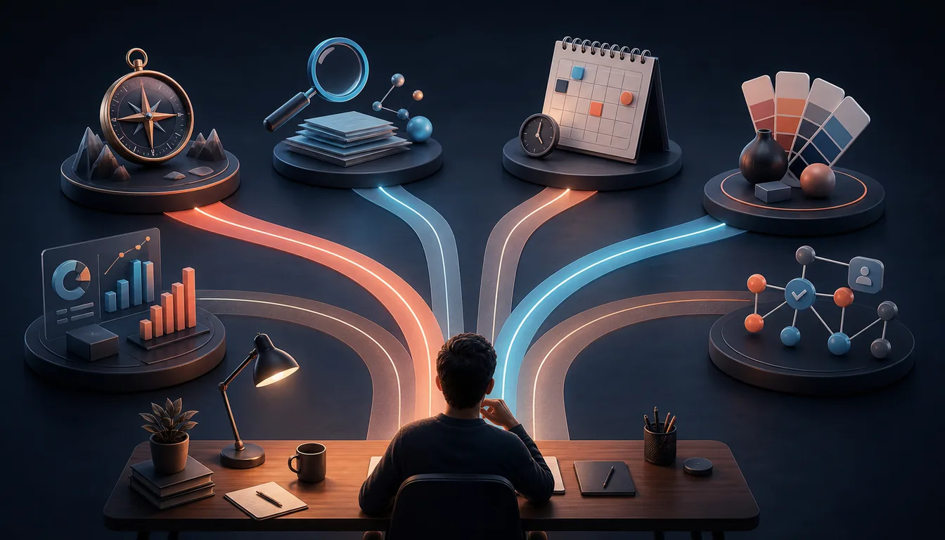 Six distinct AI content and workflow paths branching from a creator's social content desk