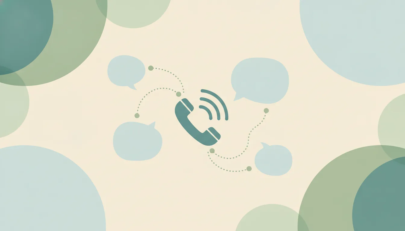 A phone handset and sound-wave lines branching along dotted paths to several rounded speech bubbles over soft circles