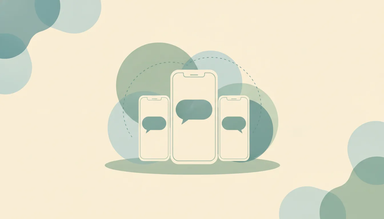 Illustration of three phone outlines side by side at different heights, each holding a blank message bubble, the middle phone larger, joined by dotted arcs