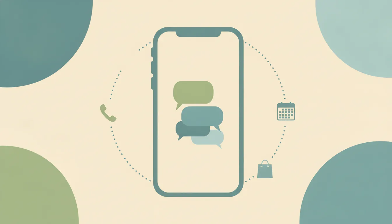 Illustration of a phone with stacked message bubbles, ringed by a dotted loop with a phone handset, a shopping bag and a calendar icon