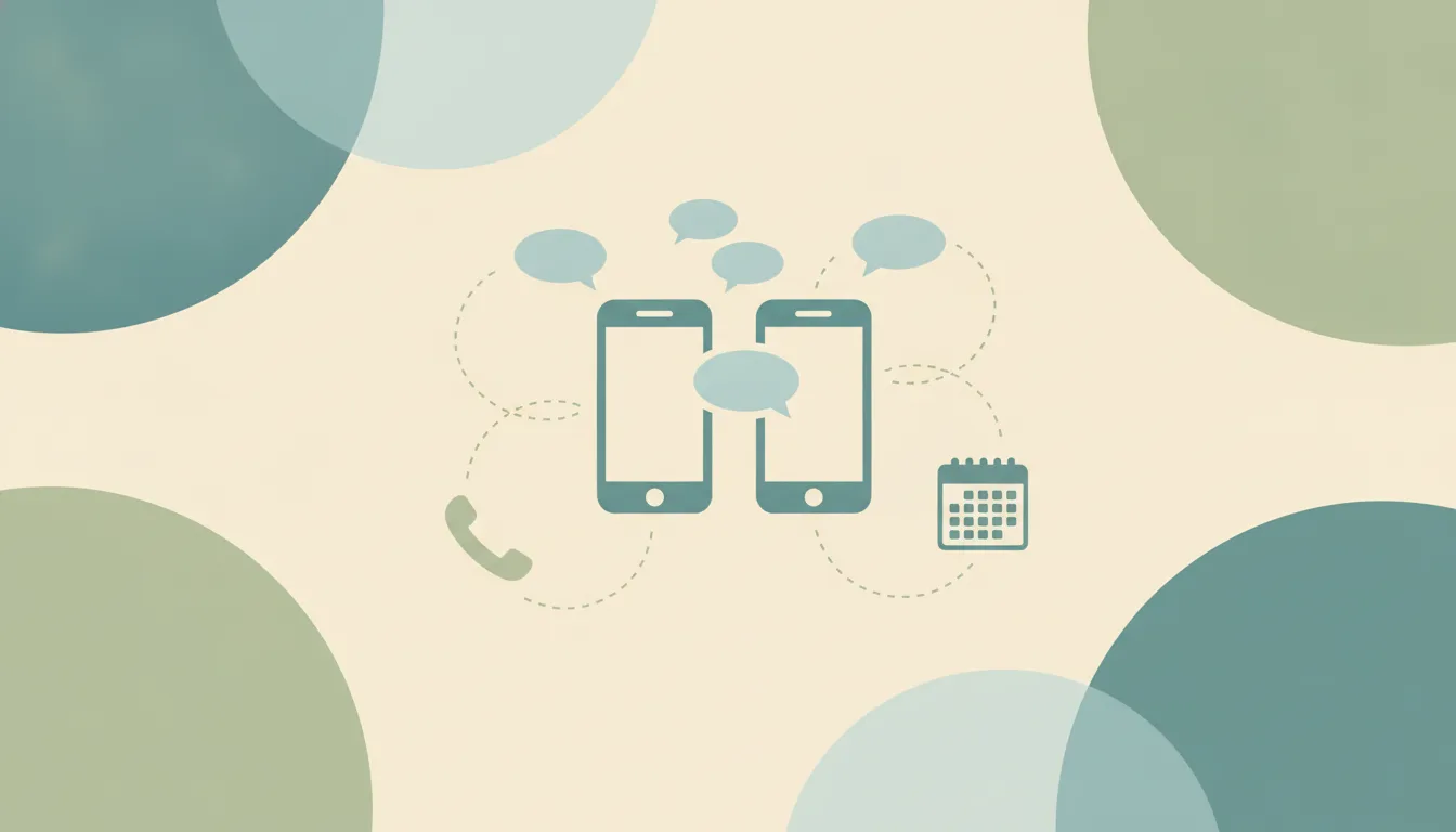 Two phone outlines facing each other with message bubbles between them, linked by dotted arcs to a phone handset and a calendar over soft layered circles
