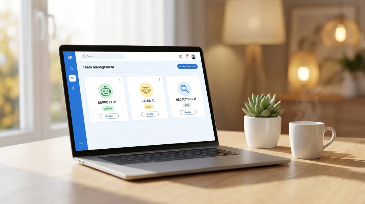 Grid of AI team-member app icons positioned around a virtual office representing Teammates.ai alternatives