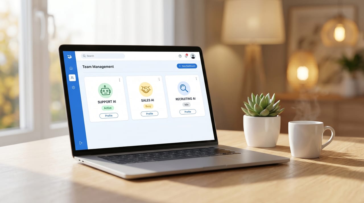 Grid of AI team-member app icons positioned around a virtual office representing Teammates.ai alternatives
