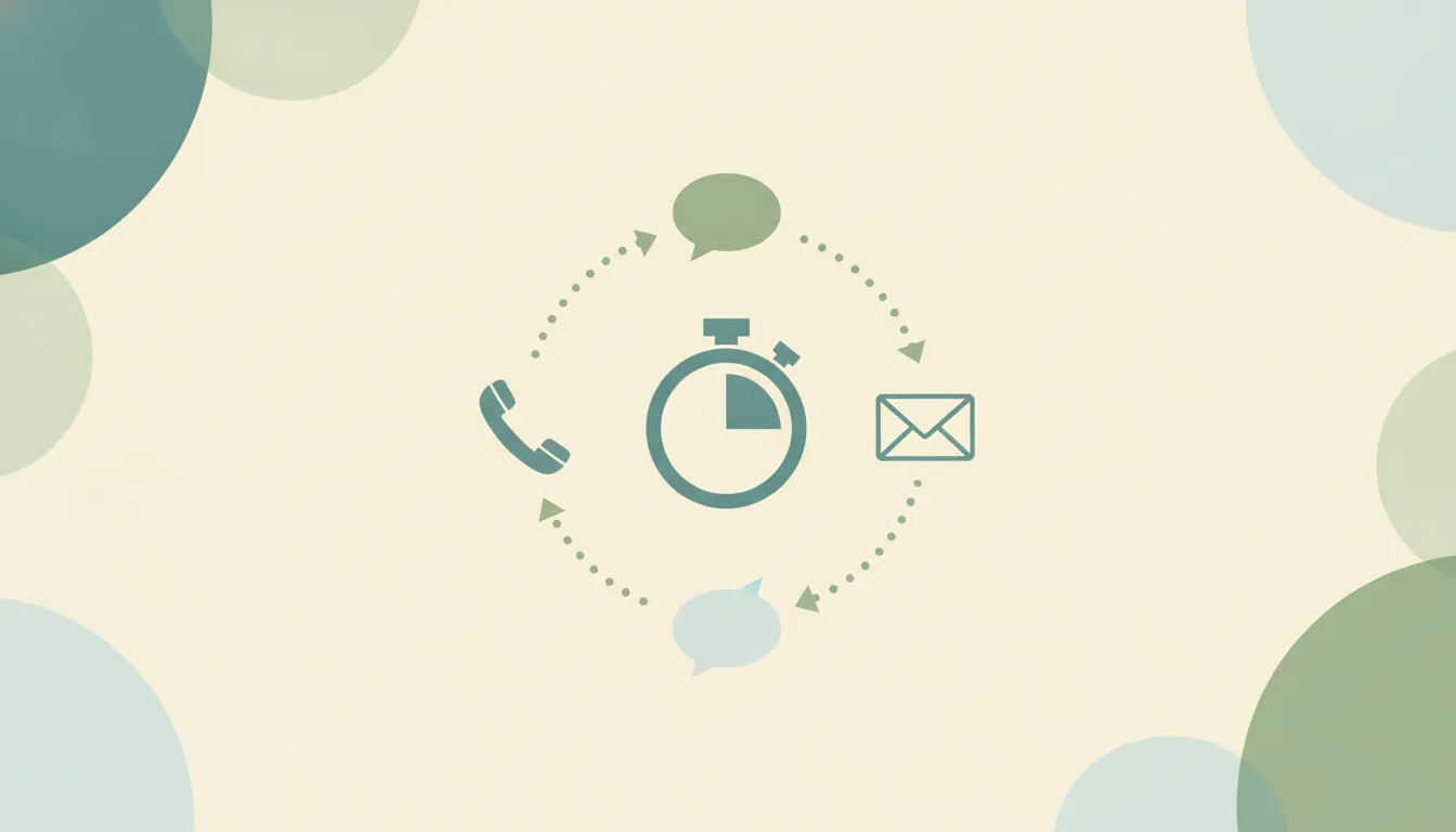 A phone handset, a chat bubble and an envelope in a loop of dotted arrows around a stopwatch over soft layered circles