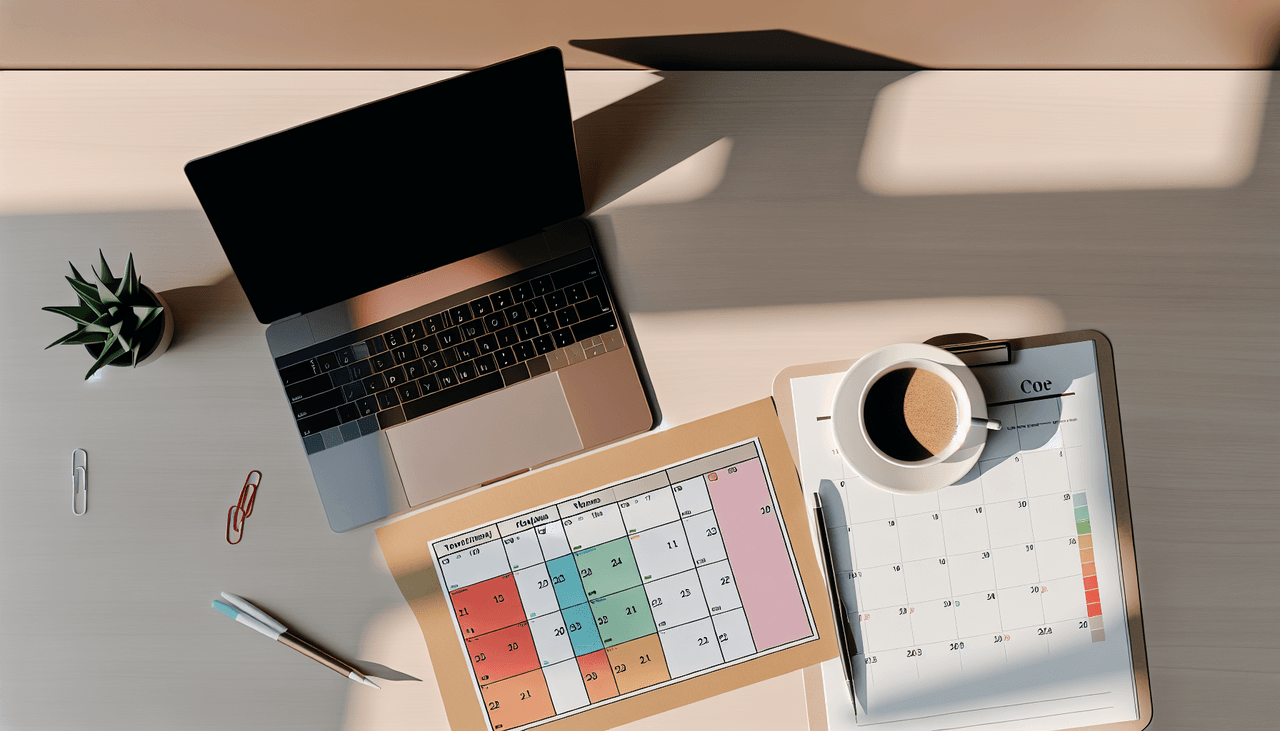 Color-coded weekly calendar with focused work, meeting, and break blocks illustrating a time-blocked daily schedule