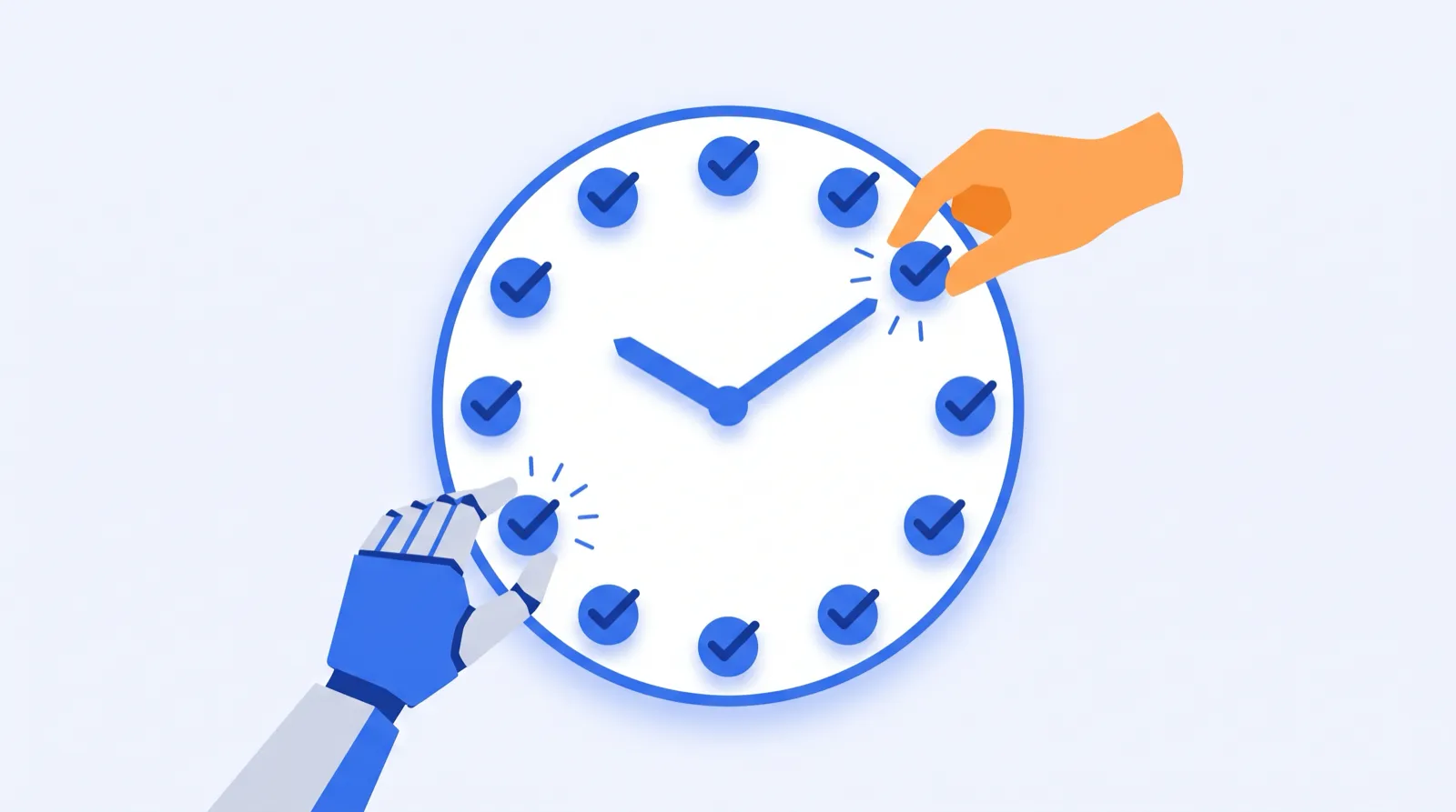 Hourglass on a desk next to a task list being split between a human assistant and an AI-managed inbox and calendar