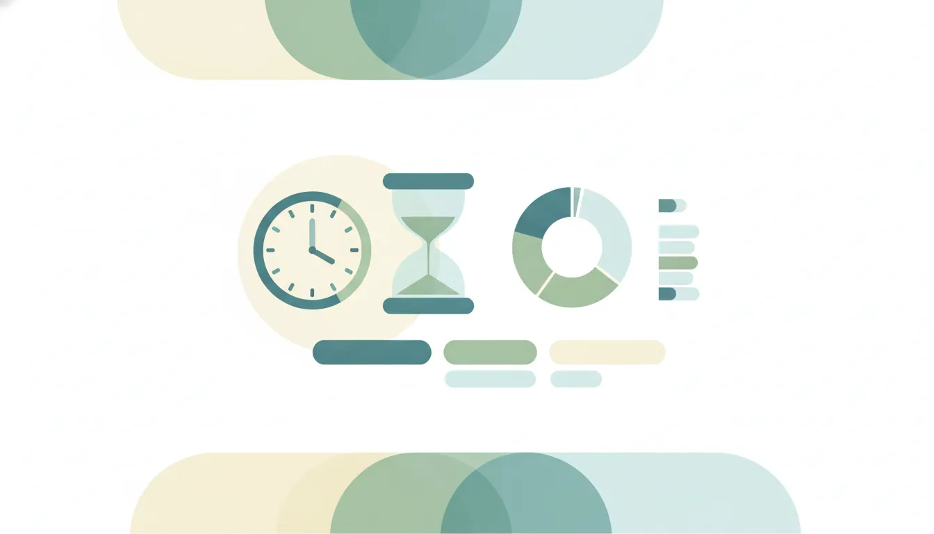 Abstract dashboard of a clock and hourglass beside segmented bars and a donut chart, representing time management statistics