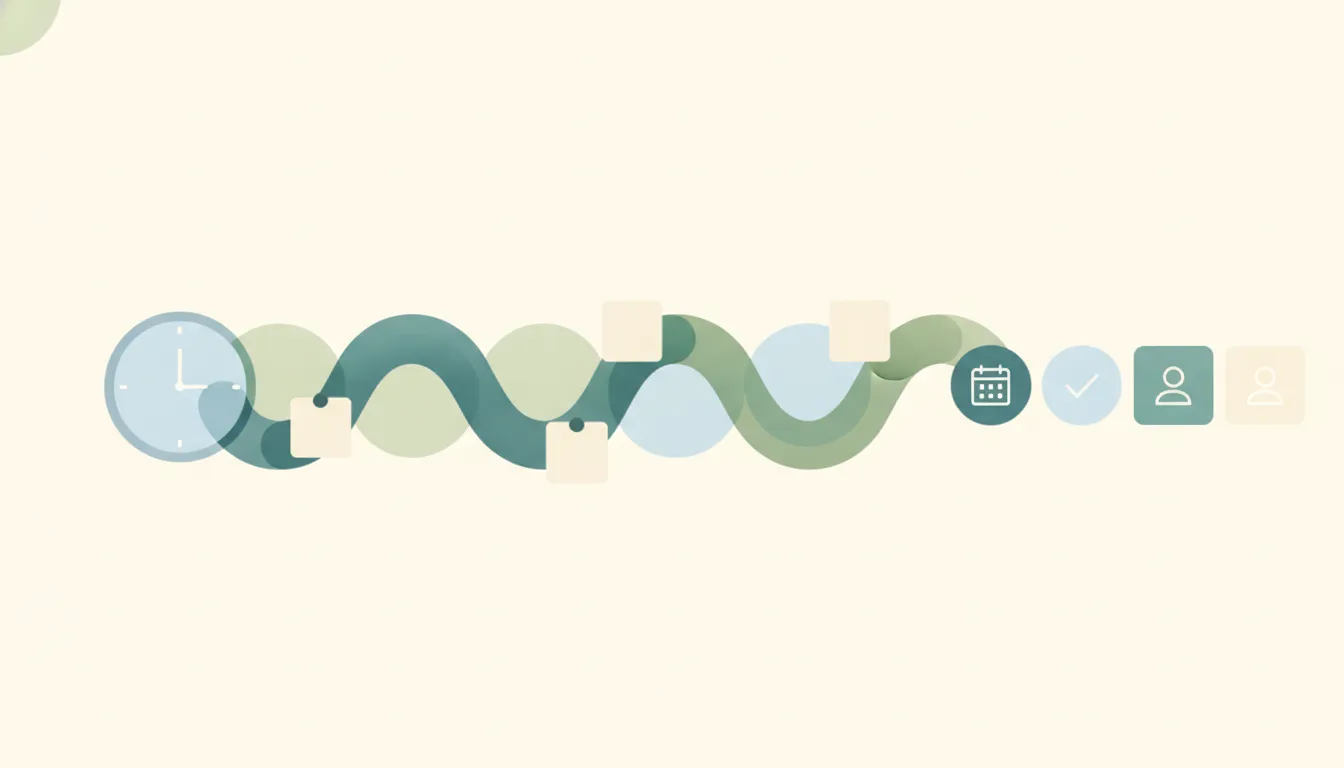 Illustration of a clock face morphing into an infinity-like ribbon handing meeting notes to small agent shapes, with alternative app icons alongside