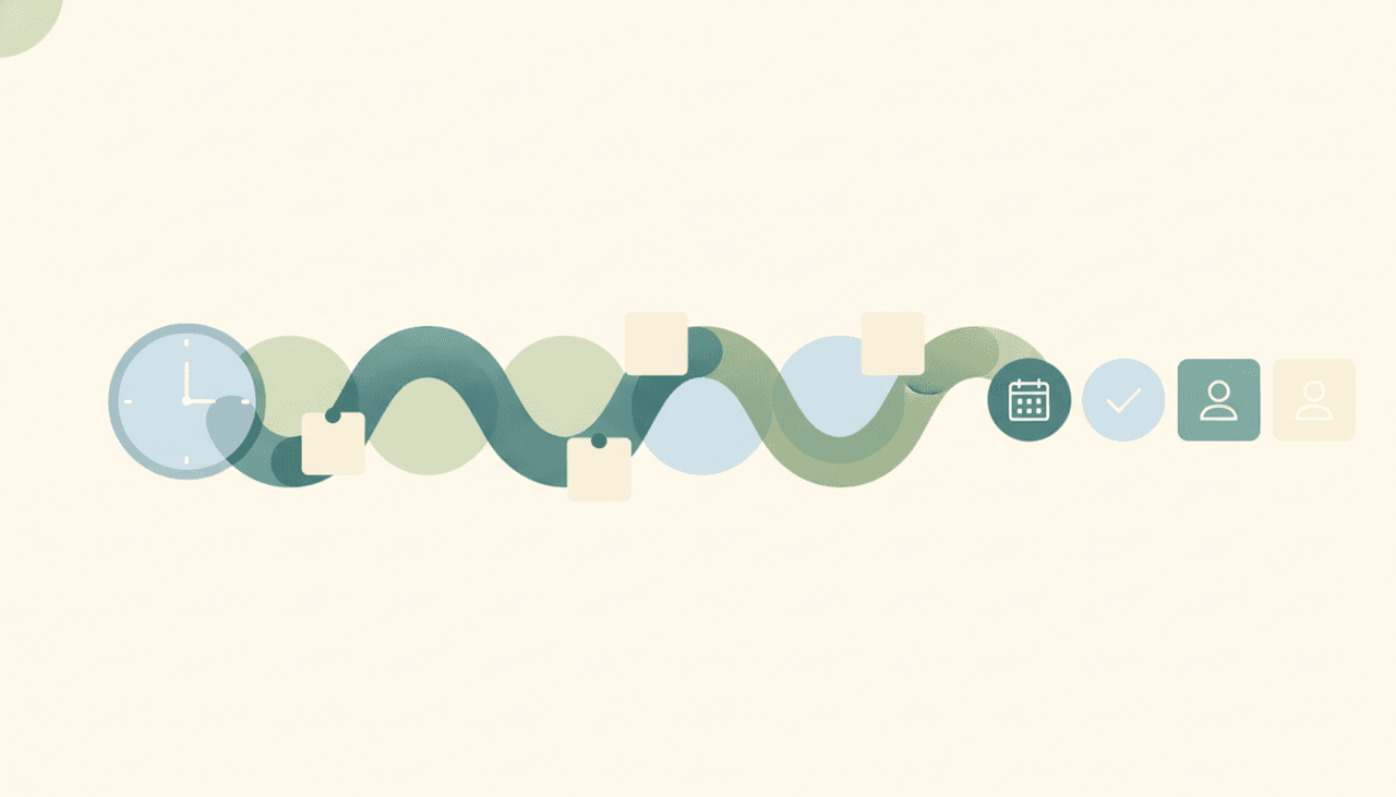 Illustration of a clock face morphing into an infinity-like ribbon handing meeting notes to small agent shapes, with alternative app icons alongside